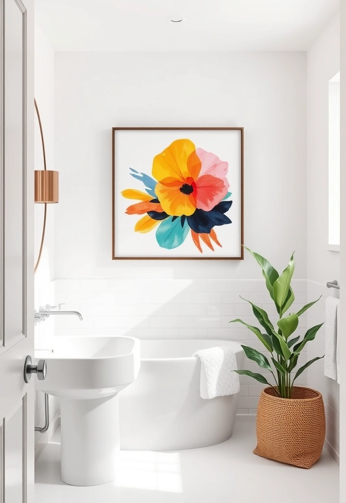21 Stunning White Bathroom Ideas That Will Make You Want to Renovate NOW! - 17. Statement Wall Art